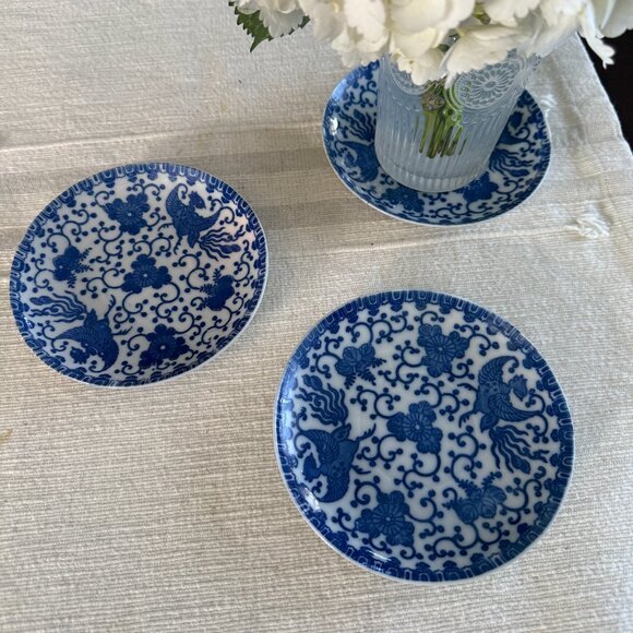 Japanese Blue & White Saucer with Phoenix and Floral Design - Used (3) - Picture 1 of 6